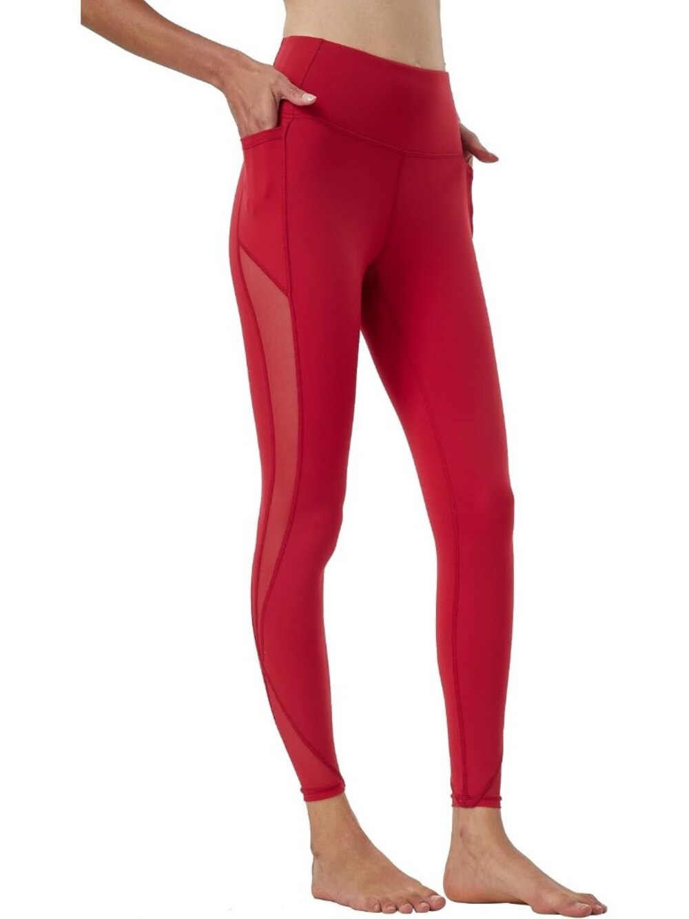 Women's Red High Waisted Solid Workout Pull On Athletic Mesh Legging Yoga Pant